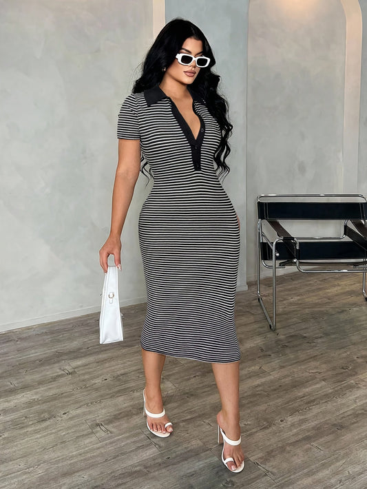 Women's Polo Midi Dress in Bodycon Style with Stripes – Elegant Casual Look for Everyday and Going Out