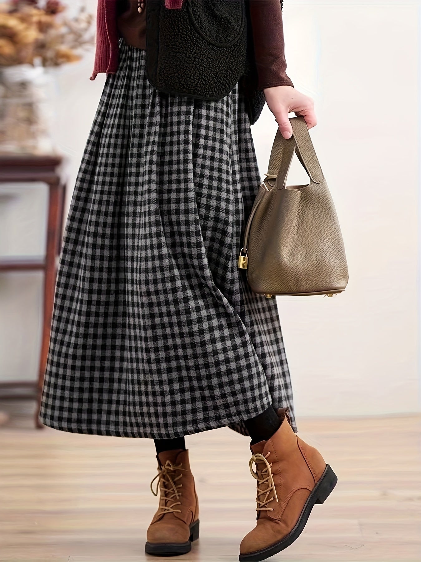 Damen Karierter Midi-Rock mit Faltenrock-Optik in Schwarz-Grau