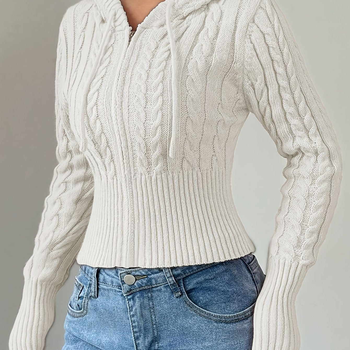 Damen Strickpullover Hoodie Crop Top Zopfmuster Reißverschluss