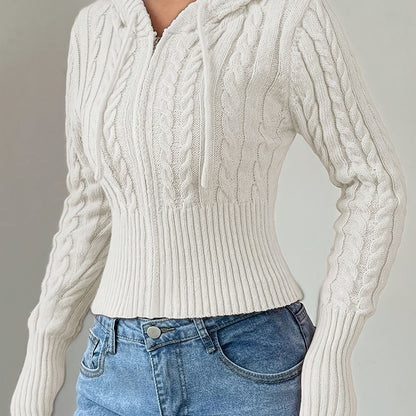 Damen Strickpullover Hoodie Crop Top Zopfmuster Reißverschluss