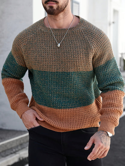 Herren Grobstrickpullover Rundhals Mehrfarbig Gestreift Langarm