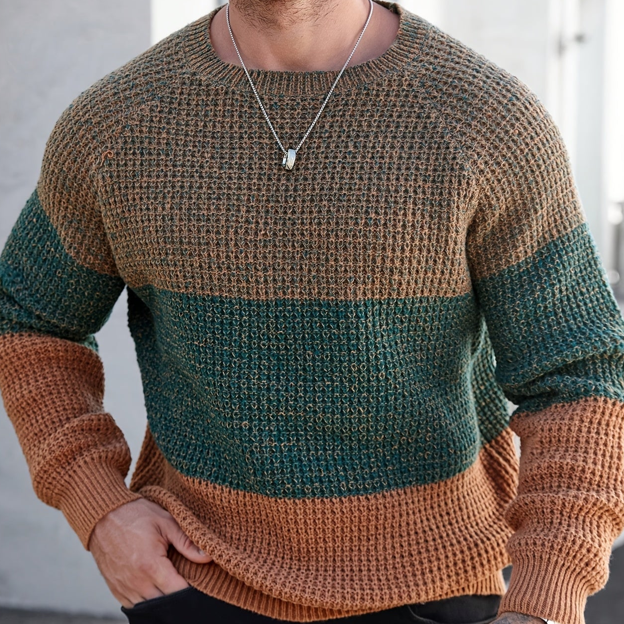 Herren Grobstrickpullover Rundhals Mehrfarbig Gestreift Langarm