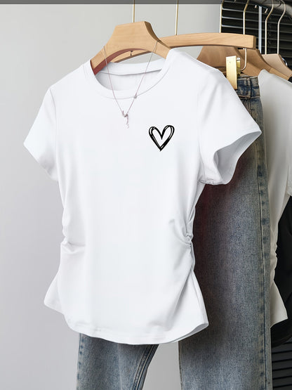 Women's T-shirt with Heart Print – Fashionable Summer Top, Fitted, Short Sleeve, Casual & Leisure Look