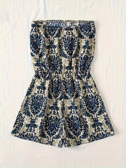 Women's Bandeau Jumpsuit with Damask Pattern – Elegant Summer Romper for Leisure and Vacation