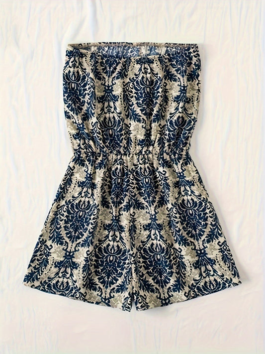 Women's Bandeau Jumpsuit with Damask Pattern – Elegant Summer Romper for Leisure and Vacation