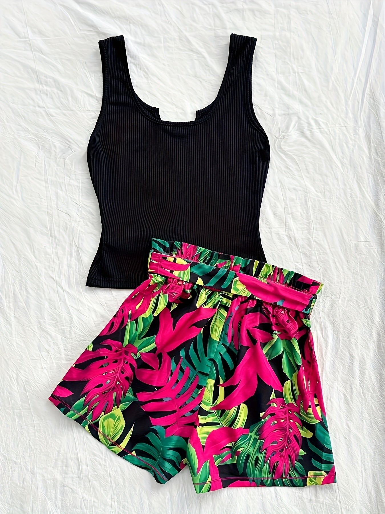 Women's Summer Two-Piece Set – Tropical Shorts and Ribbed Top for Vacation and Leisure