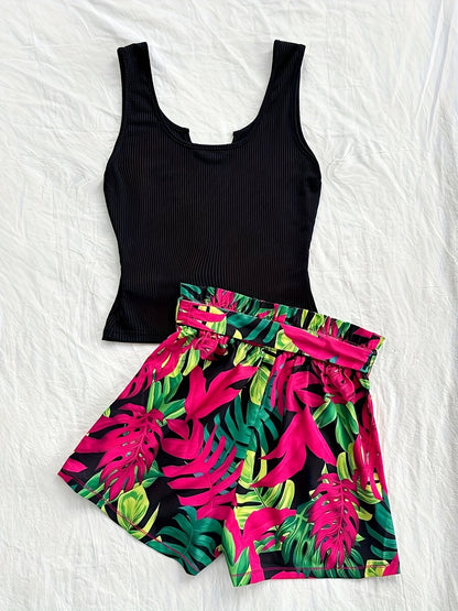 Women's Summer Two-Piece Set – Tropical Shorts and Ribbed Top for Vacation and Leisure