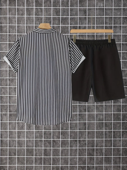Men's Summer Set – Modern Casual Outfit with Striped Short-Sleeve Shirt and Shorts, Ideal for Vacation & Everyday Wear