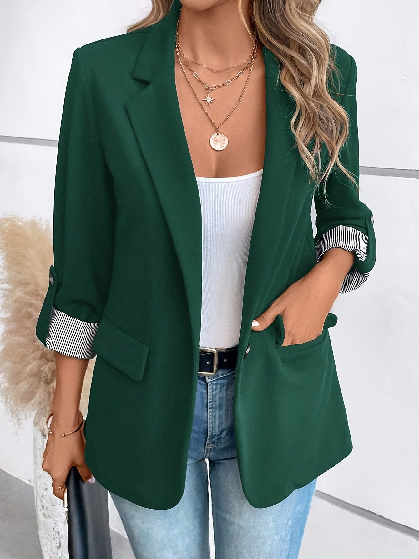 Women's Blazer Elegant Business Casual Jacket with Turn-Up Sleeves