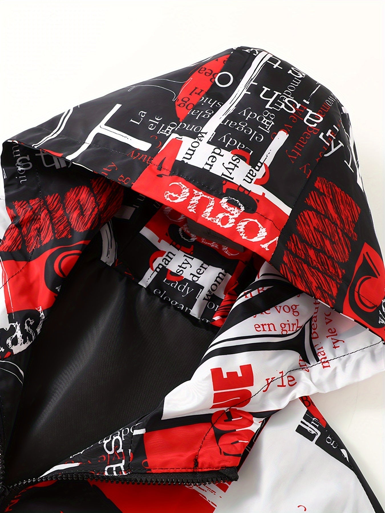 Unisex hooded jacket with all-over print, zip-up windbreaker, red, black, white