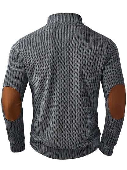 Men's turtleneck sweater with half-button closure and elbow patches, White Black