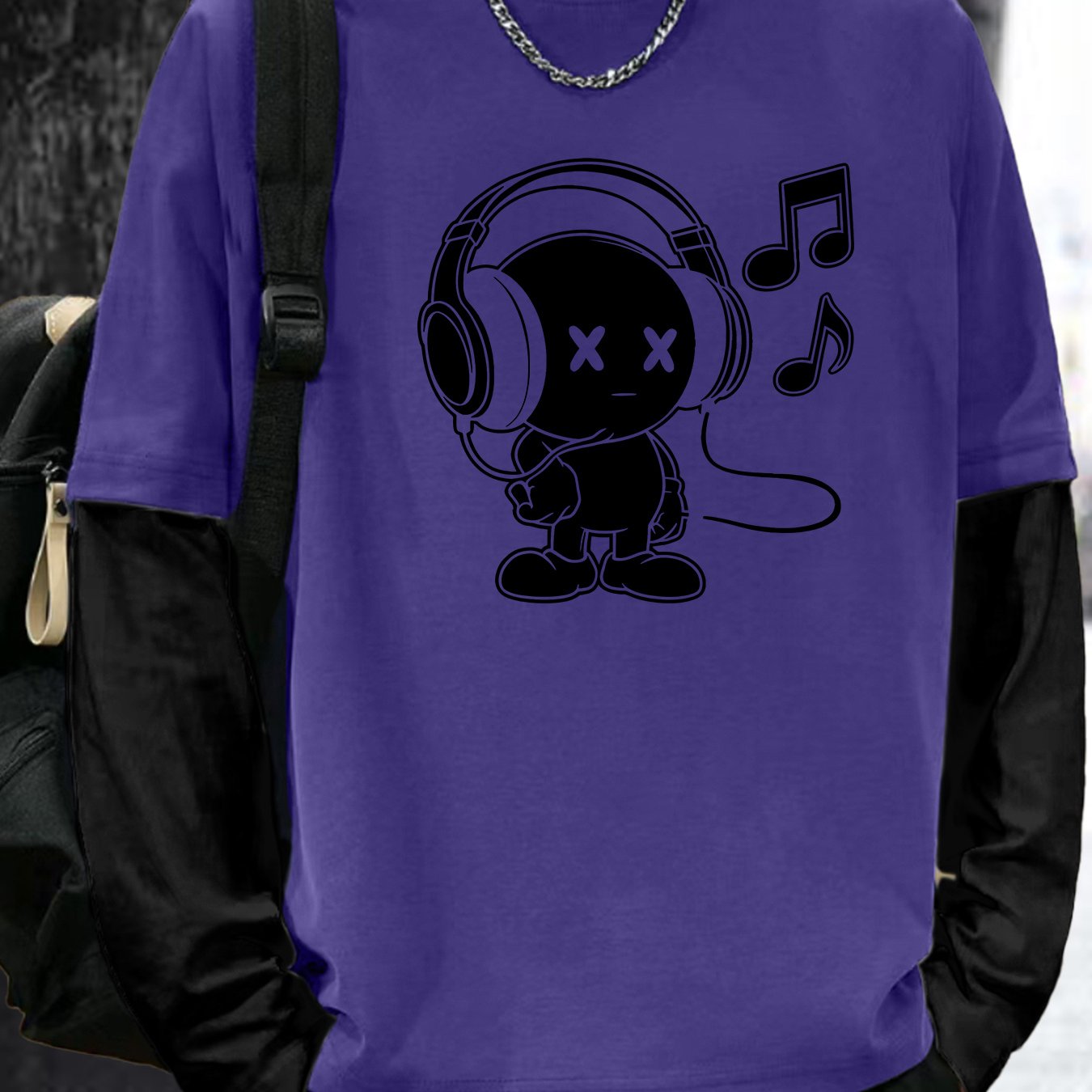 Unisex Langarmshirt mit Cartoon-Kopfhörer-Print in Layer-Optik