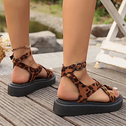 Women's Platform Sandals with Leopard Print – Fashionable Summer Sandals with Ankle Strap and Platform Heel