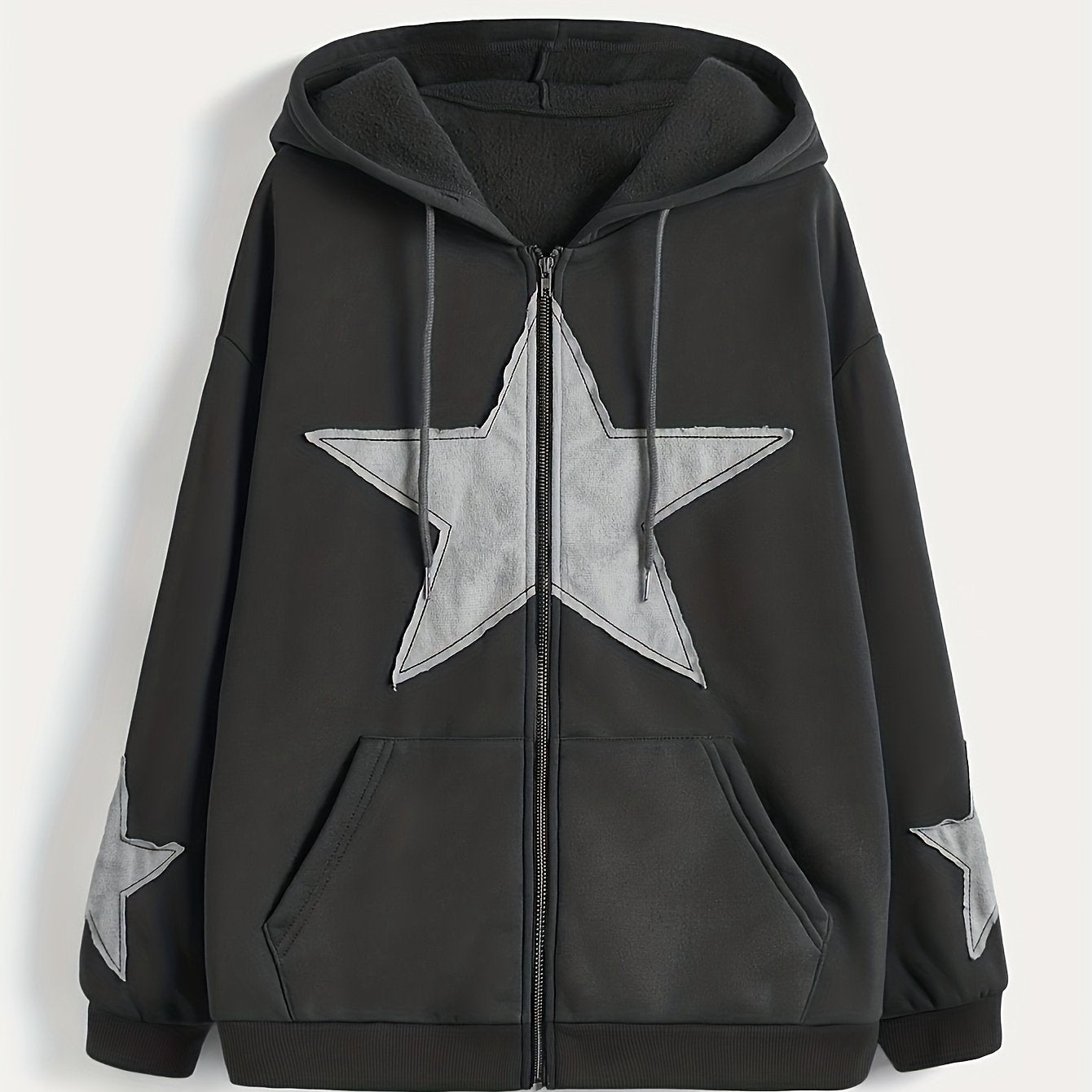 Unisex Kapuzenjacke mit Reißverschluss, Oversize, Stern-Applikationen, Kordelzug, Kängurutaschen