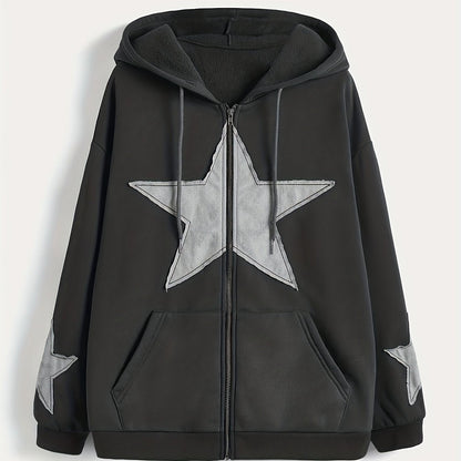 Unisex Kapuzenjacke mit Reißverschluss, Oversize, Stern-Applikationen, Kordelzug, Kängurutaschen