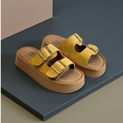 Damen Plateau-Sandalen mit Doppelriemen und Schnalle für Freizeit und Alltag