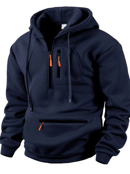 Men's hoodie with half-zip, kangaroo pocket & chest pocket, hooded sweatshirt