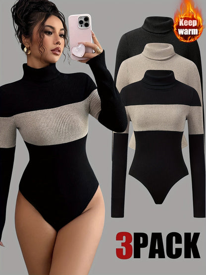 Damen Rollkragen Langarm Body Gerippt