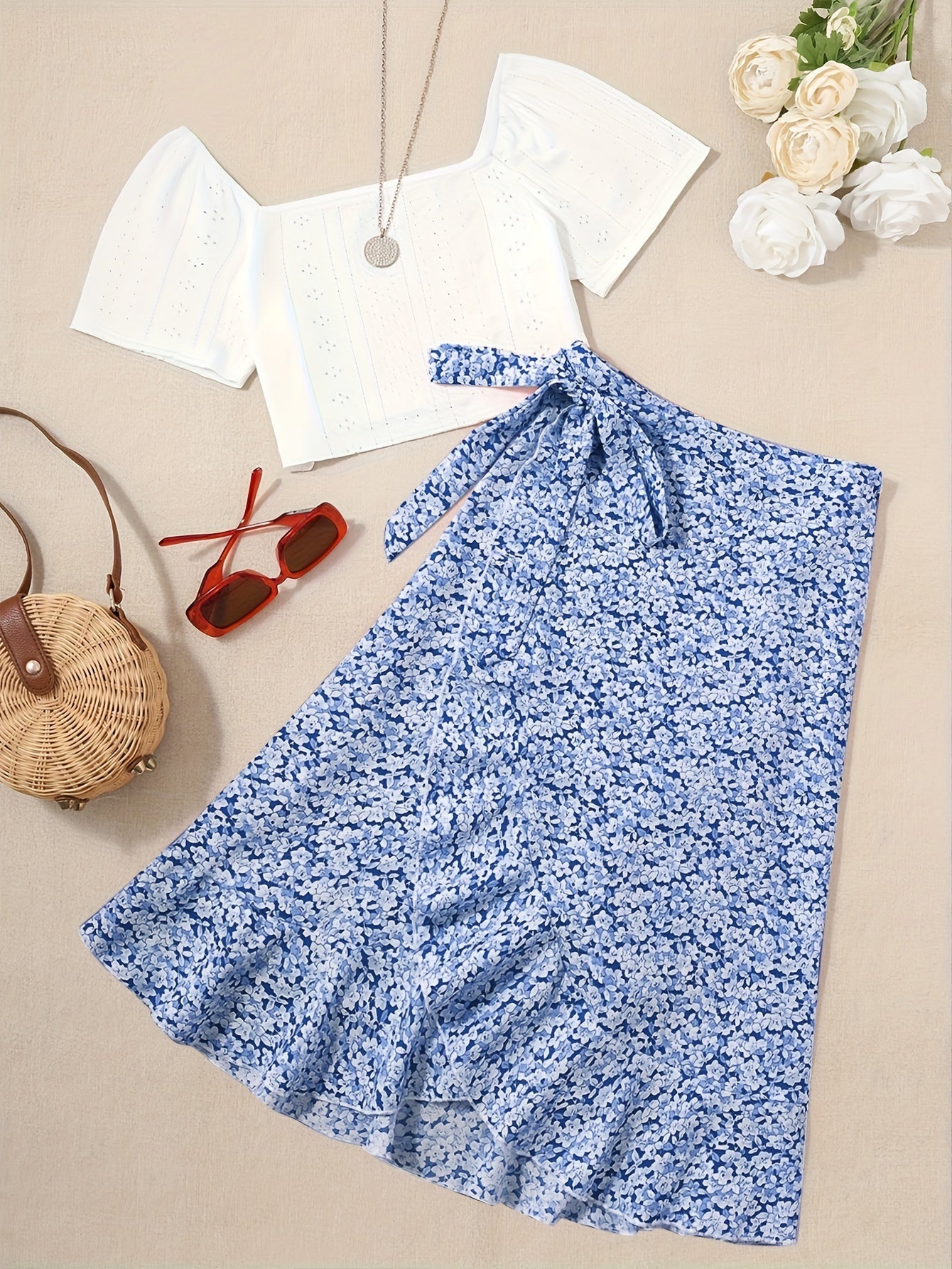 Damen Zweiteiler Set – Romantische Bluse mit Puffärmeln und Floraler Wickelrock – Perfekt für Sommer & Freizeit