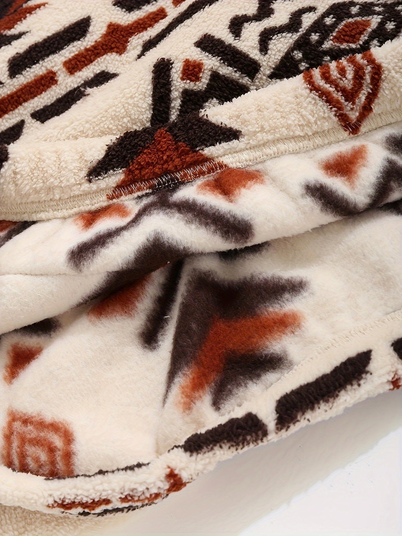 Unisex teddy hoodie with ethnic pattern in beige/brown/black