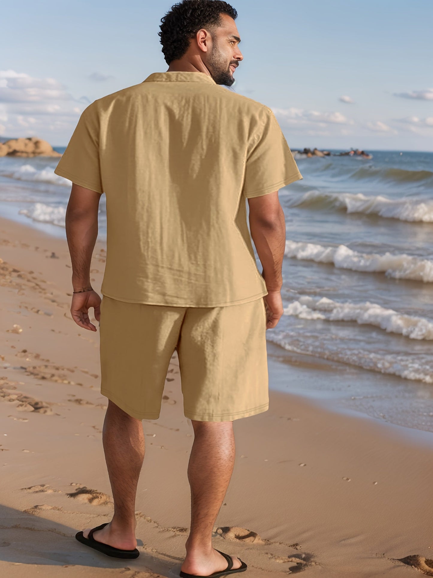 Men's Summer Set Short-Sleeve Shirt & Shorts – Casual Boho Beach Look for Vacation and Leisure