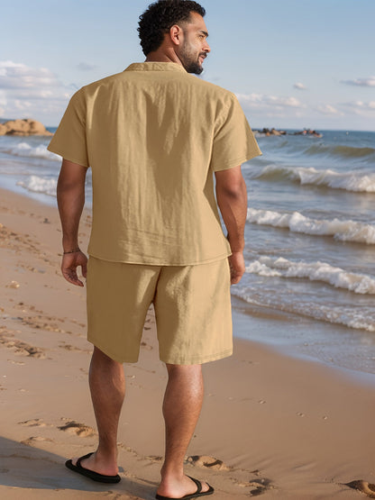 Men's Summer Set Short-Sleeve Shirt & Shorts – Casual Boho Beach Look for Vacation and Leisure