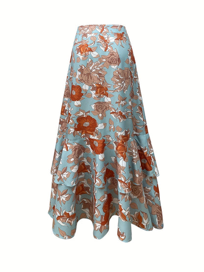 Women's maxi skirt with ruffle and floral pattern – Elegant wrap skirt for summer and leisure