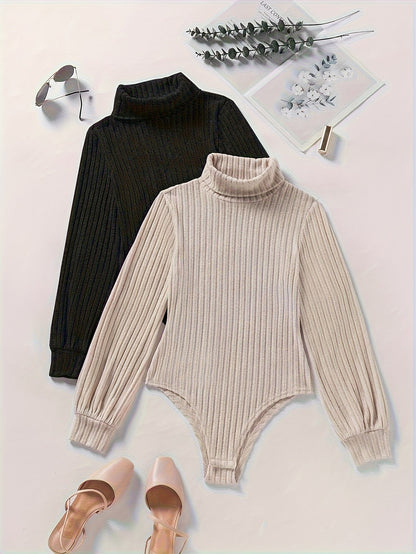 Damen Rollkragen Bodysuit Gerippt Langarm Strick Optik