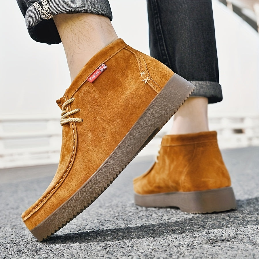 Men’s moccasin ankle boots with laces and a treaded sole in a suede look