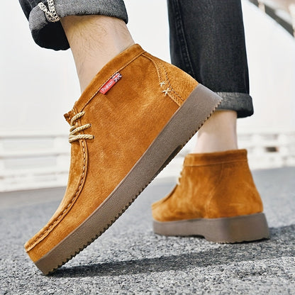 Men’s moccasin ankle boots with laces and a treaded sole in a suede look