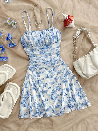 Women's Summer Dress Elegant with Floral Pattern and Spaghetti Straps – Perfect for Leisure and Vacation