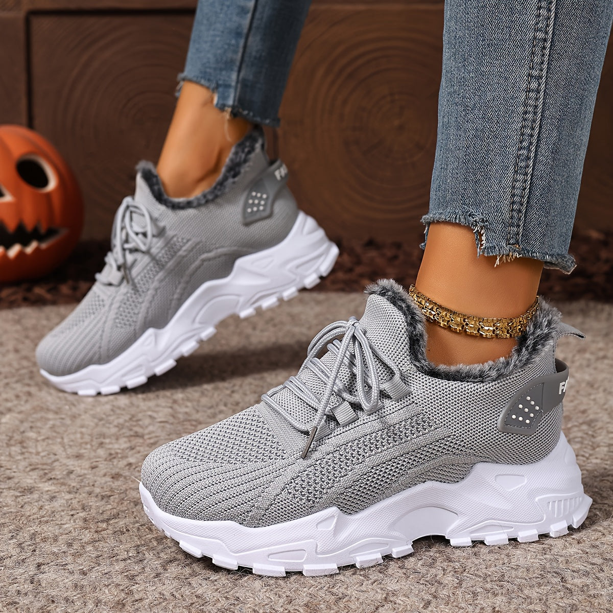 Damen Sneaker mit Strick-Obermaterial und Futter in Pelz-Optik Rot