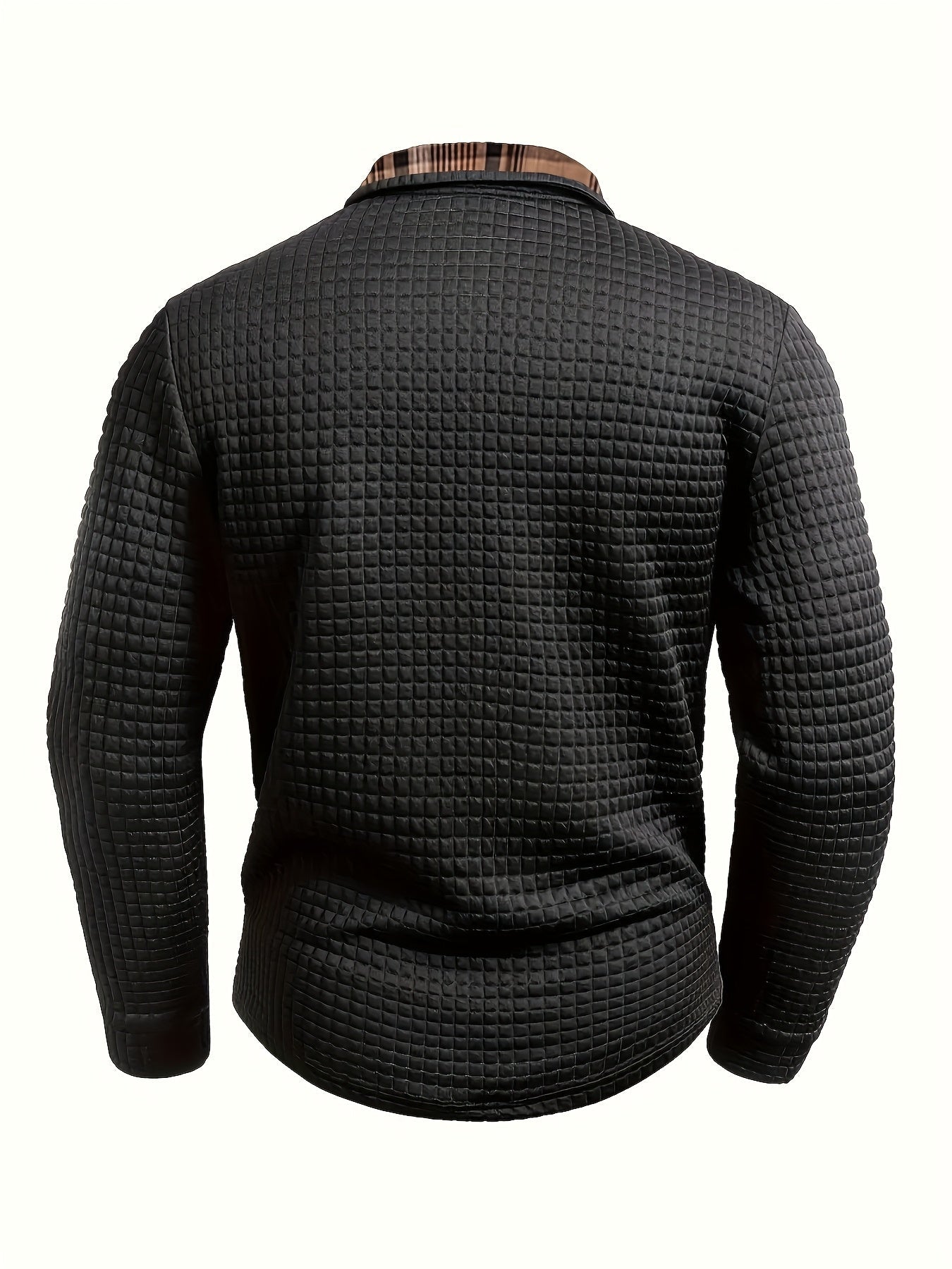Men's long-sleeve polo shirt with waffle texture and checked pattern