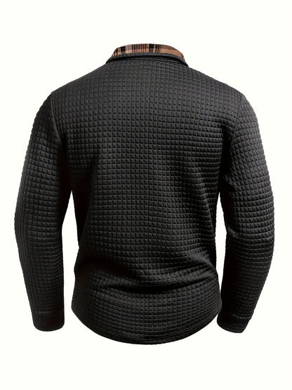 Men's long-sleeve polo shirt with waffle texture and checked pattern