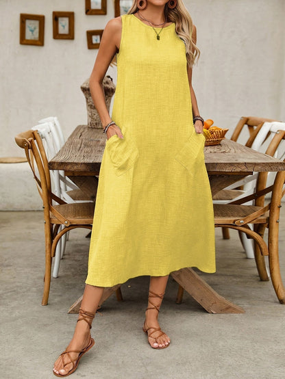 Damen Freizeitkleid ärmellos, lockerer Schnitt, Sommerkleid mit Taschen, Tunika-Stil, ideal für Alltag & Urlaub