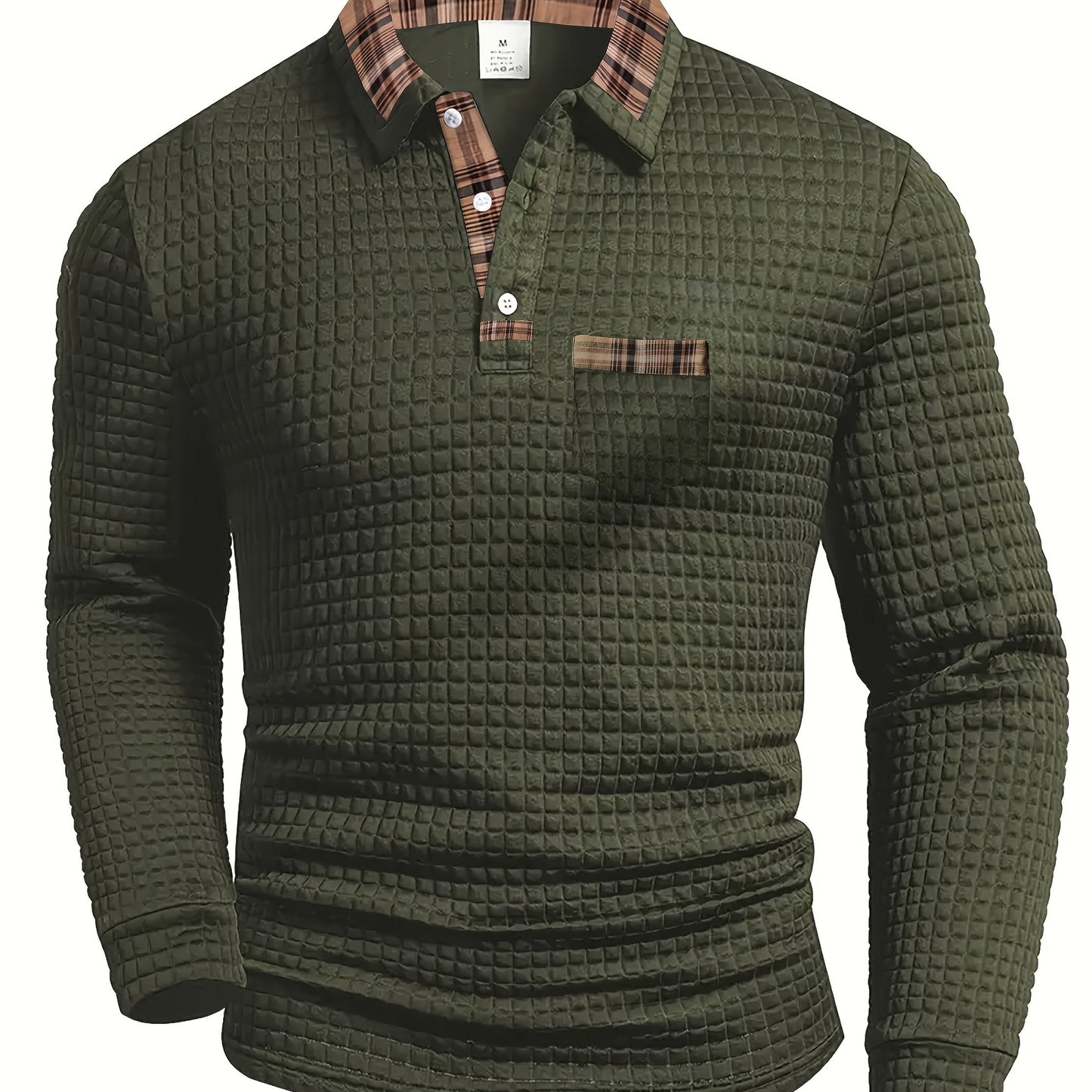 Men's long-sleeve polo shirt with waffle texture and checked pattern