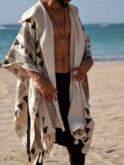 Men's Boho Beach Poncho with Hood and Geometric Pattern – Festival & Beach Cover-Up