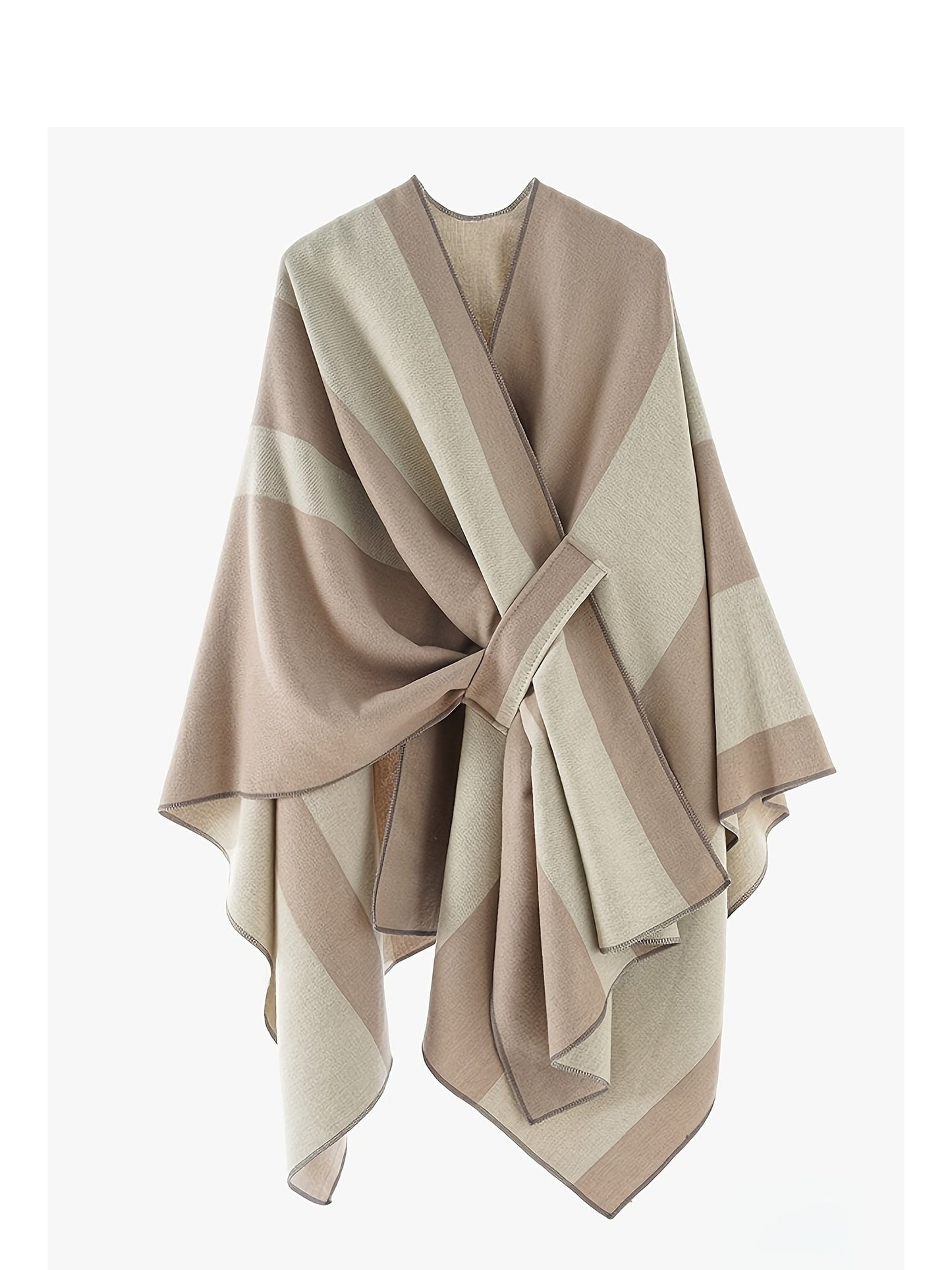 Damen Poncho Zweifarbig Gestreift Weicher Umhang mit V-Ausschnitt