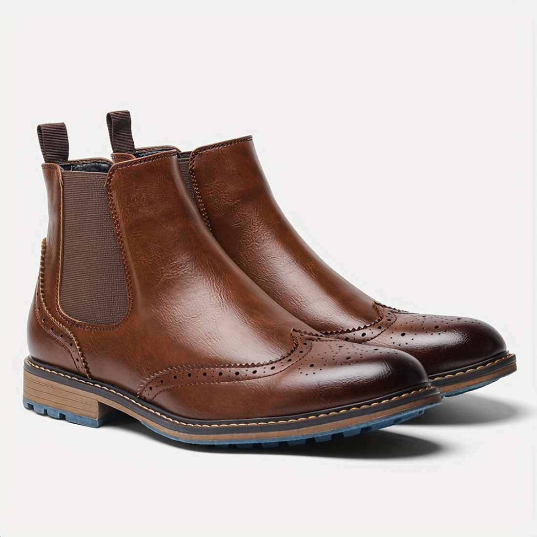 Brown Men's Chelsea Boots with Brogue Design and Elastic Inserts