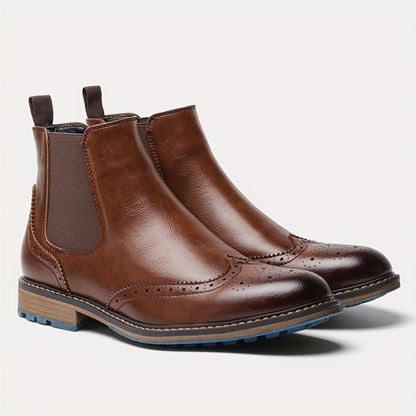 Brown Men's Chelsea Boots with Brogue Design and Elastic Inserts
