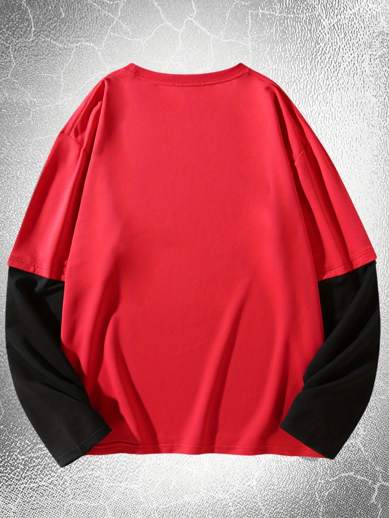 Unisex long-sleeve shirt with layered look, sword and fish graphic, black and white