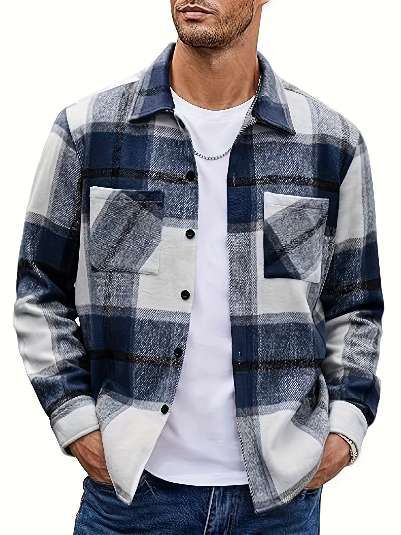 Men's Plaid Shirt Jacket, Long Sleeve, with Chest Pockets, Casual Shacket