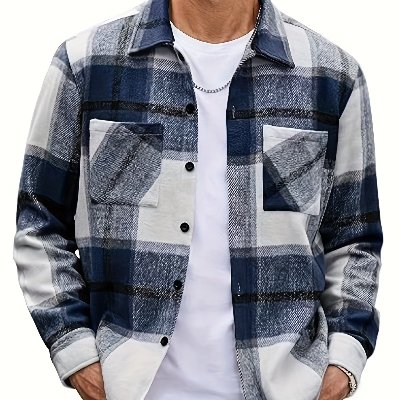 Men's Plaid Shirt Jacket, Long Sleeve, with Chest Pockets, Casual Shacket