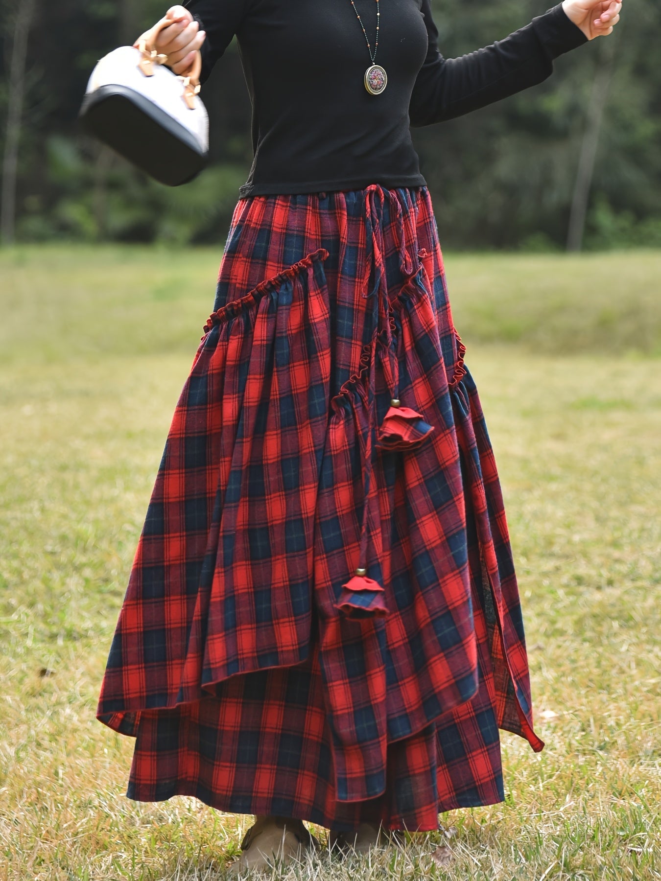 Damen Maxirock Plaid Schottenkaro Asymmetrisch Grün