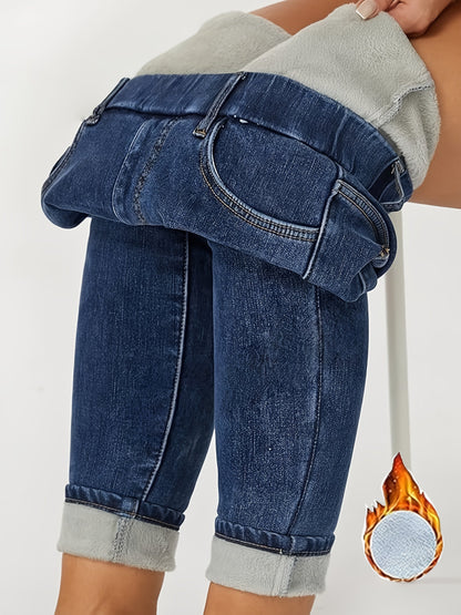 Lined women's skinny-fit jeans, dark blue stretch thermal jeans