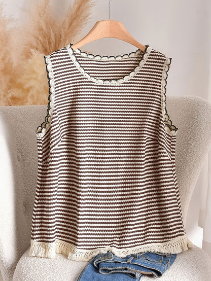 Women's Boho-Style Knit Tank Top with Stripes and Fringes – Elegant Casual Top for Spring and Summer