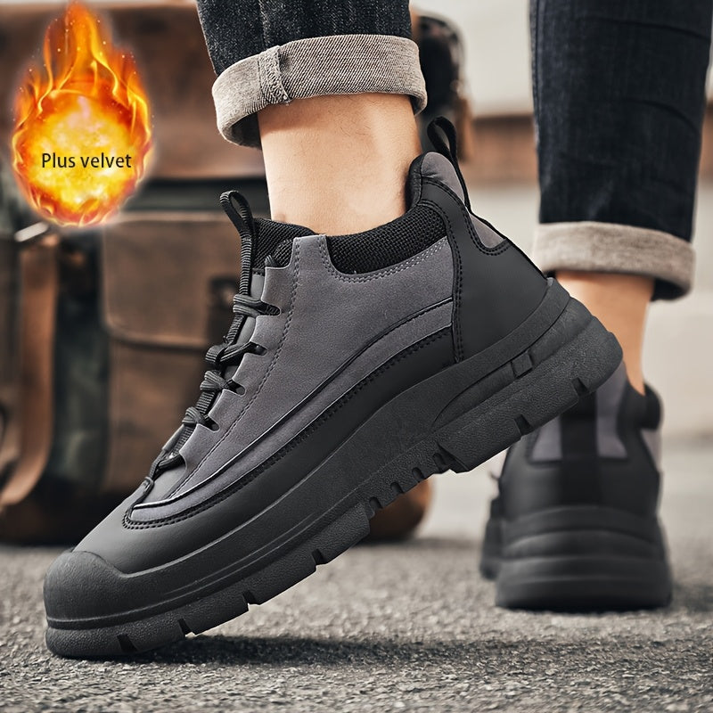 Men's sneakers, mid-top shaft, black and khaki, sturdy sole, lace-up closure