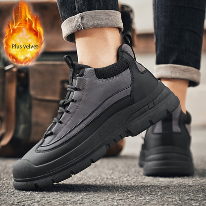 Men's sneakers, mid-top shaft, black and khaki, sturdy sole, lace-up closure