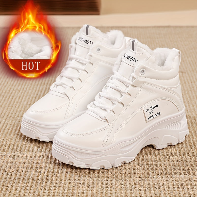Damen Gefütterte Plateausneaker, Winter Hohe Sneaker mit dicker Sohle, Weiß