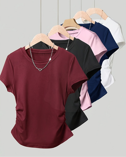 Women's Basic T-Shirt with Crew Neck and Ruching – Everyday & Casual